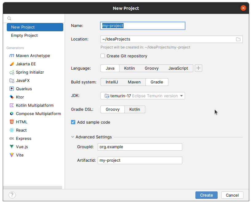 intellij idea new project window